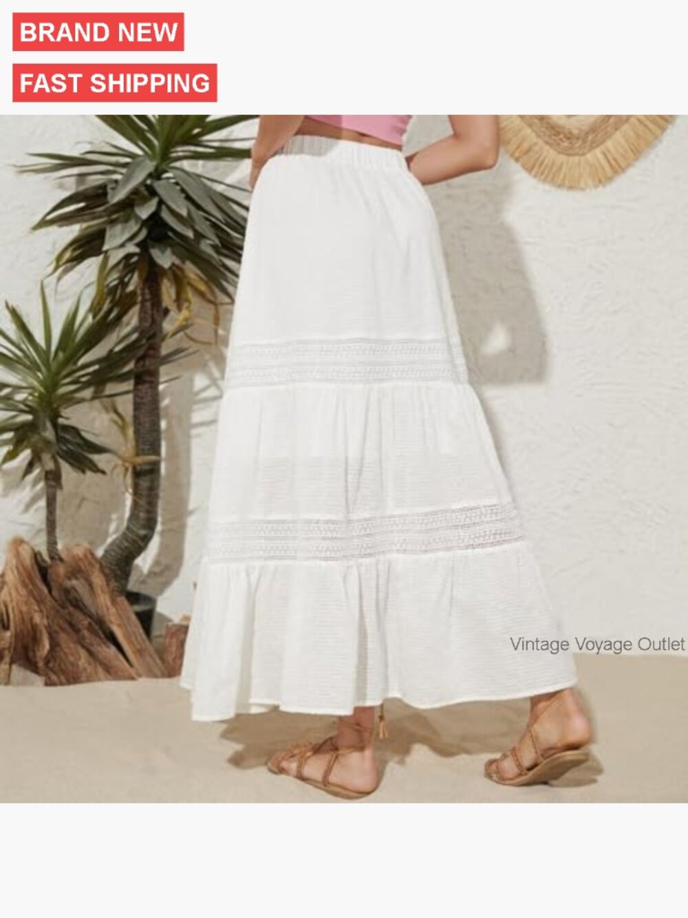 Boho Maxi Skirt with Pockets, Elastic Waist, Lace Tiered A-Line - Picture 5 of 7
